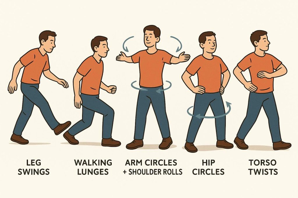 Dynamic warm-up in five steps—leg swings, walking lunges, arm circles + shoulder rolls, hip circles, and torso twists—to loosen up before you hit the trail.