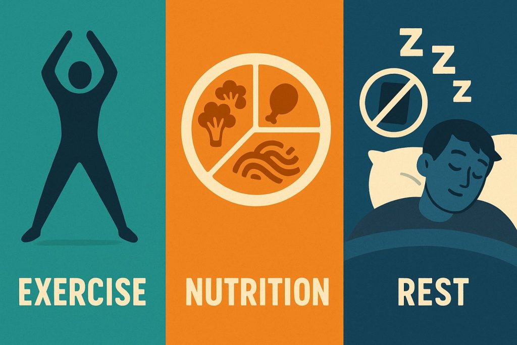Side-by-side panels highlight a quick workout boost, balanced plate, and tech-free sleep, underscoring how exercise, nutrition, and rest combine to tame stress during the job hunt.