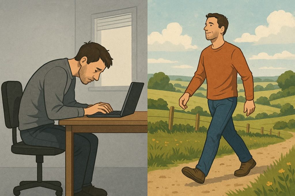 On the left, a diligent man bends over his laptop in a softly lit home office, his shoulders hunched from putting in 110% effort at his desk; on the right, the same man walks confidently and at ease along a sun-drenched country path, inhaling fresh air and experiencing a surge of renewed energy.